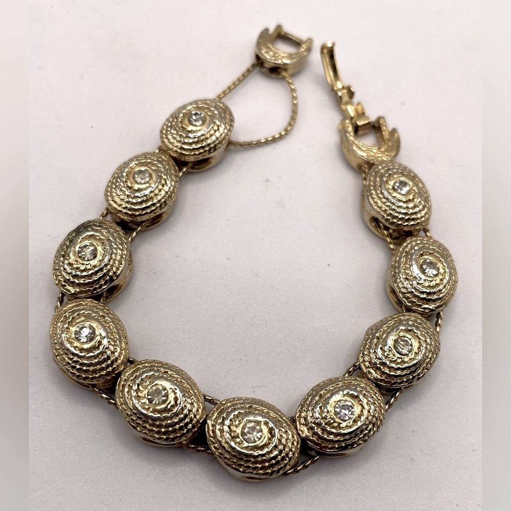 Vintage Unique Gold Tone Bracelet Oval Charms Set Crystals strung on Chains
